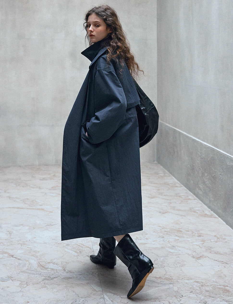 Navy Funnel Neck Zip Trench Coat-PREORDER