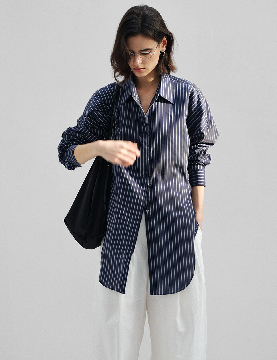 Navy Striped Tie Waist Oversized Shirt-PREORDER