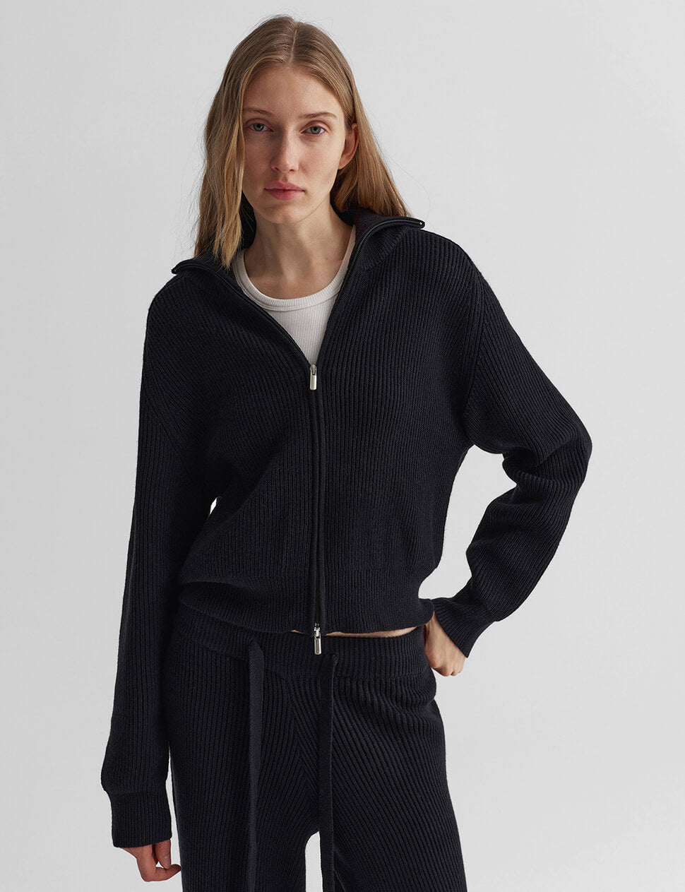 Navy Rib Knit Funnel Collar Double Zip Jacket-PREORDER