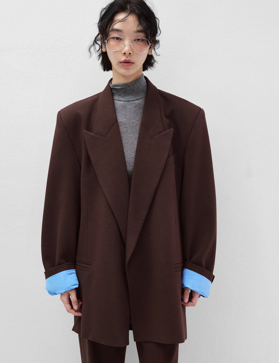 Brown Oversized Blazer with Blue Contrast Lining-PREORDER