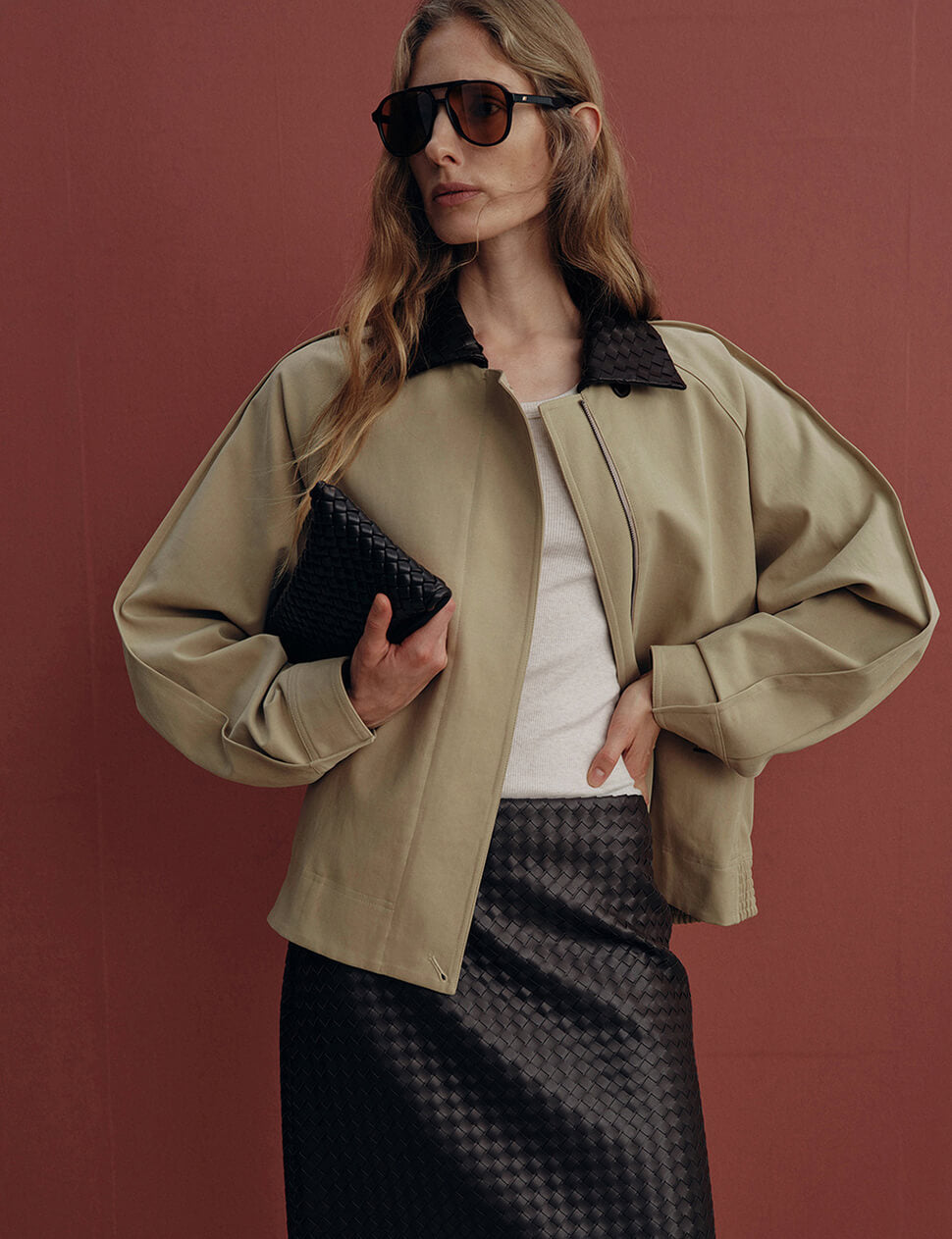 Structured Cotton Twill Cocoon Jacket with Contrast Leather Collar -PREORDER