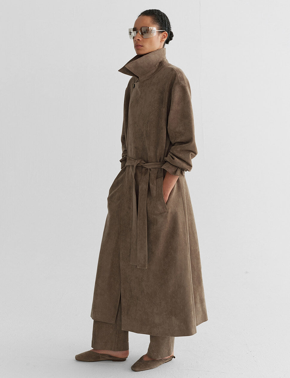 Taupe Oversized Suede Wrap Trench Coat-PREORDER
