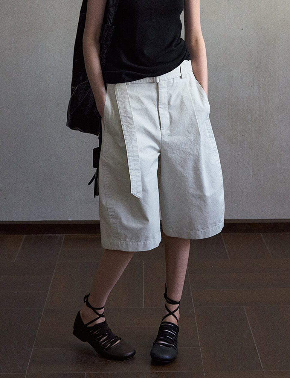 White Belted Wide Leg Bermuda Shorts-PREORDER