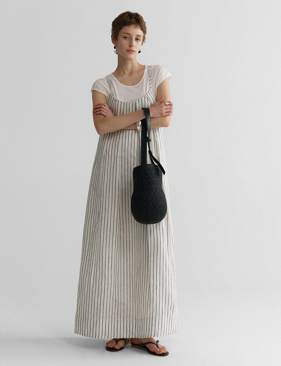 Braided Strap Linen Dress in Black Stripe-PREORDER