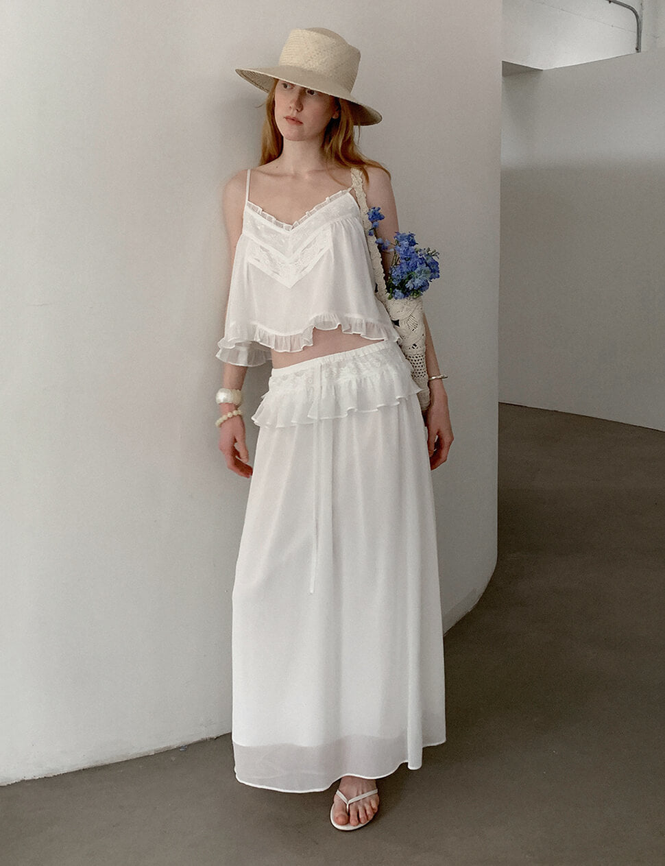 White Ruffle Waist Maxi Skirt-PREORDER