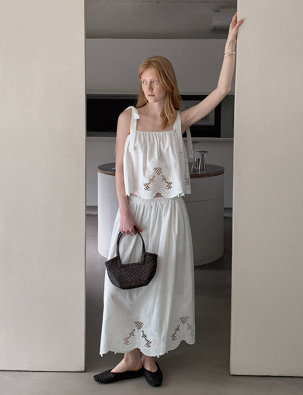Embroidered Midi Skirt with Scalloped Hem-PREORDER
