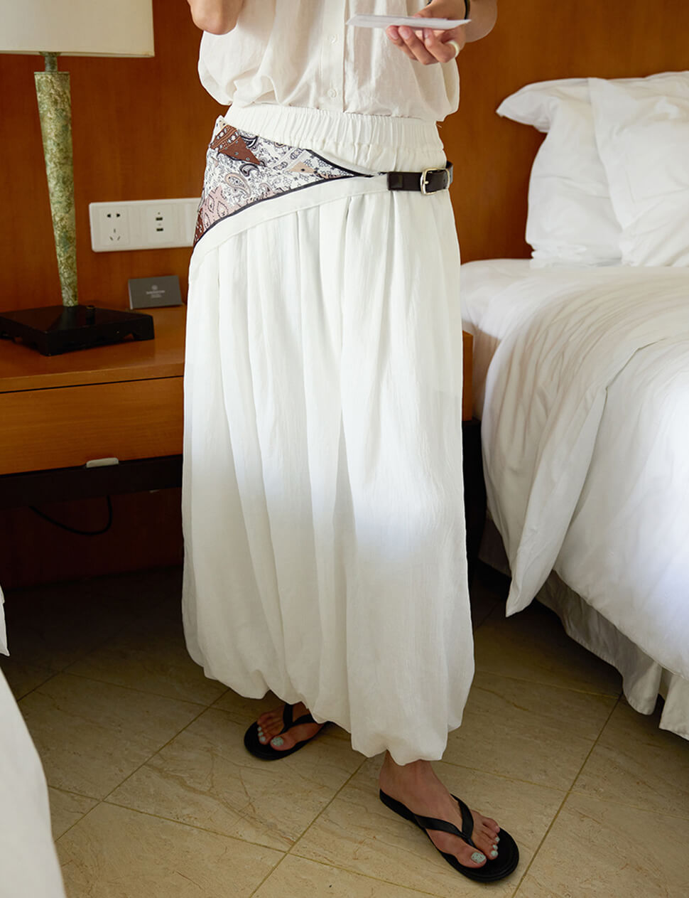 White Bubble Hem Scarf Belted Skirt-PREORDER