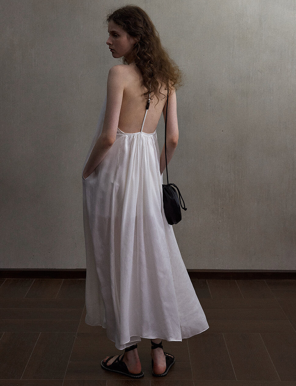 Beaded White T-Strap Open Back Maxi Dress