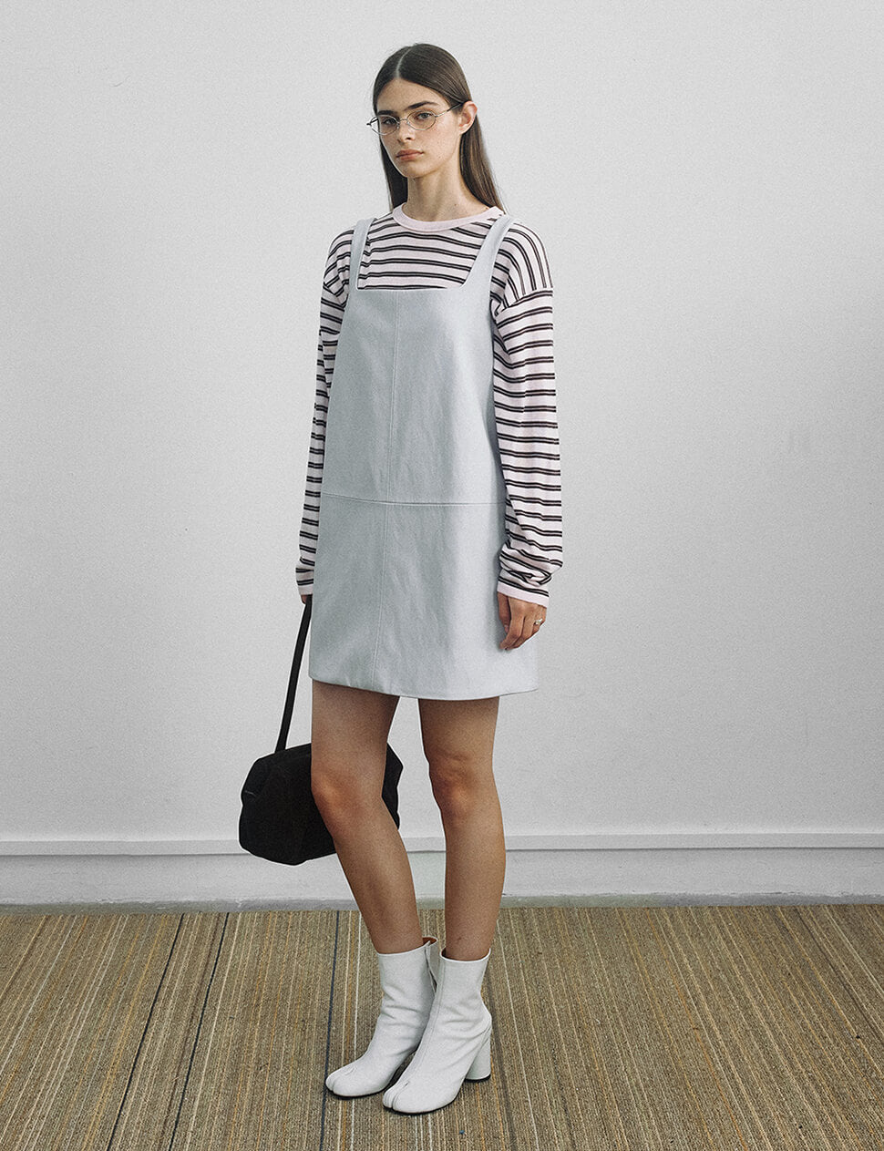 White Grey Leather Pinafore A-Line Dress-PREORDER