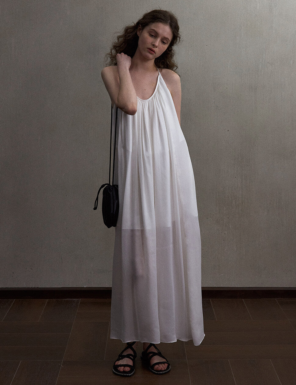 Beaded White T-Strap Open Back Maxi Dress