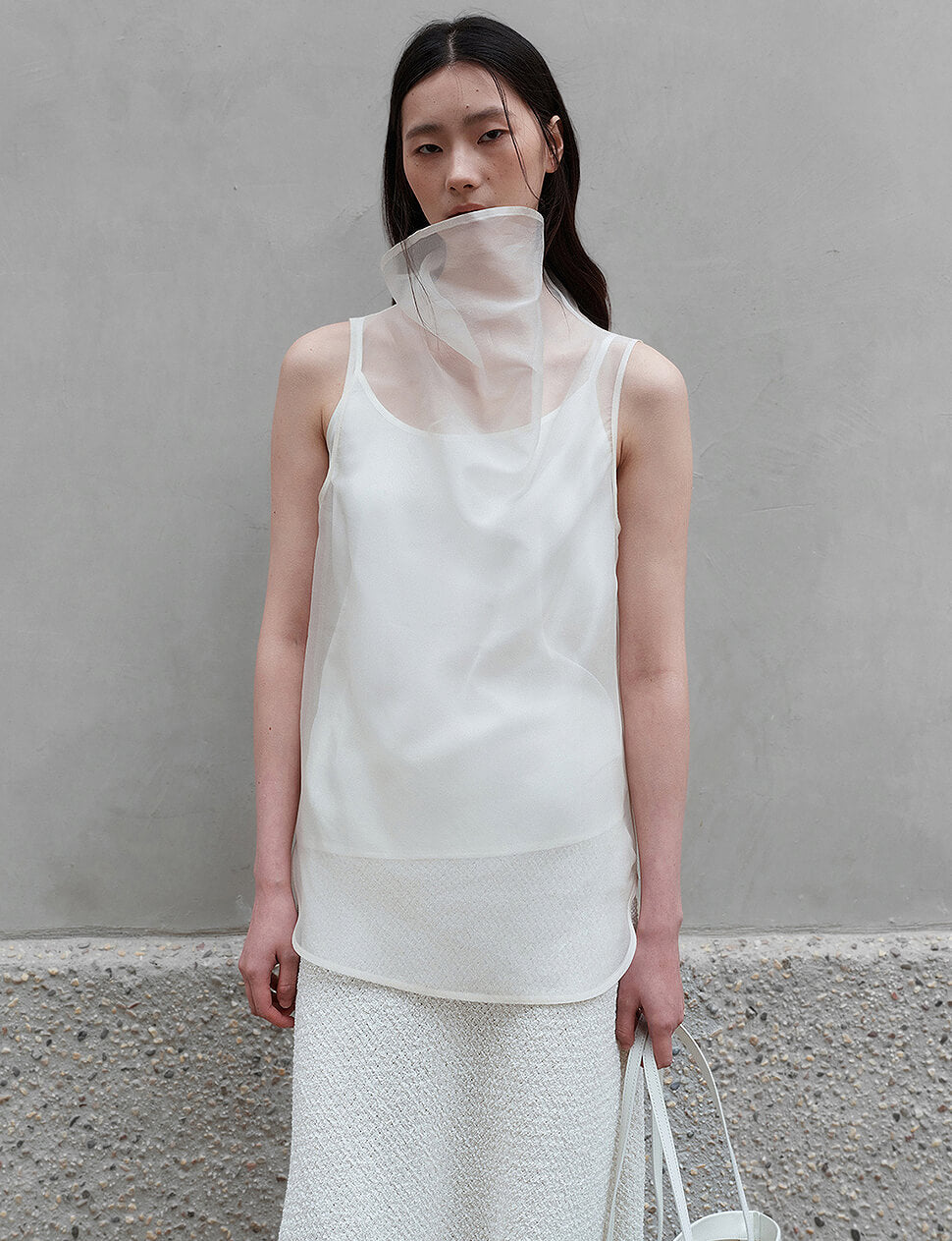 Sheer Organza Funnel Neck Top-PREORDER