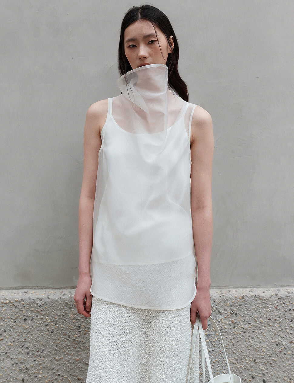 Sheer Organza Funnel Neck Top-PREORDER