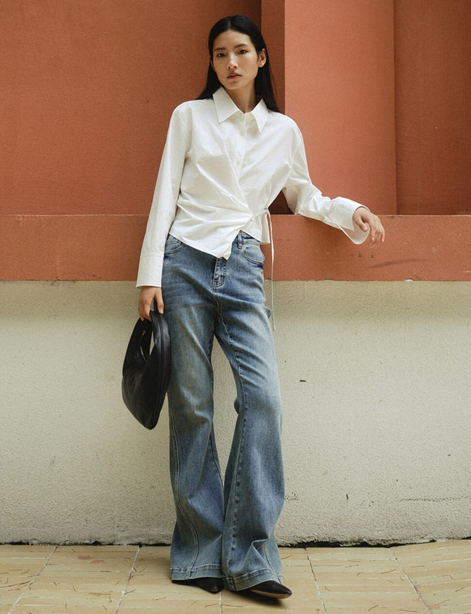 White Asymmetric Twisted Front Cropped Shirt-PREORDER