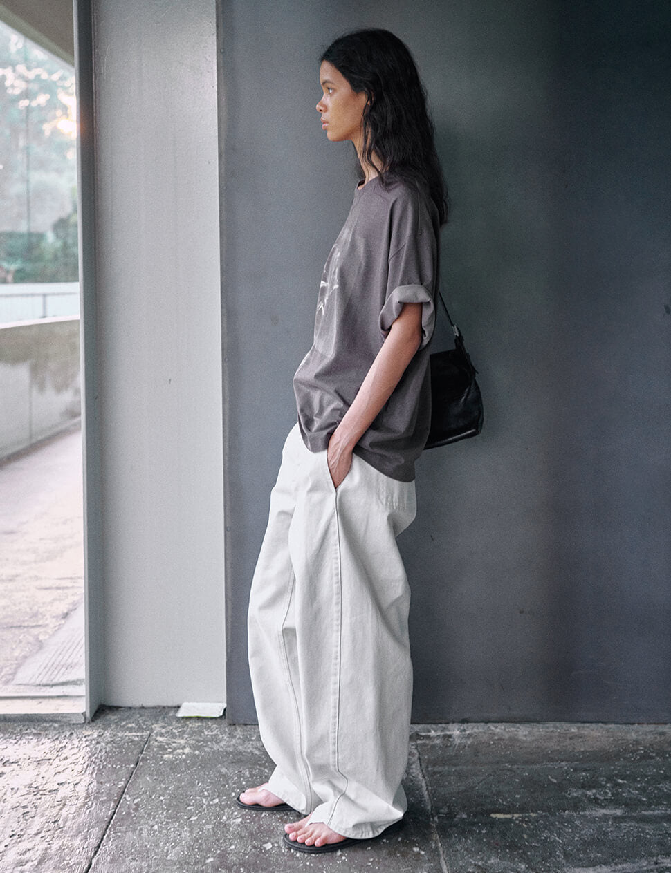 High-Waisted  Relaxed Twill Trouser in Light Pebble-PREORDER