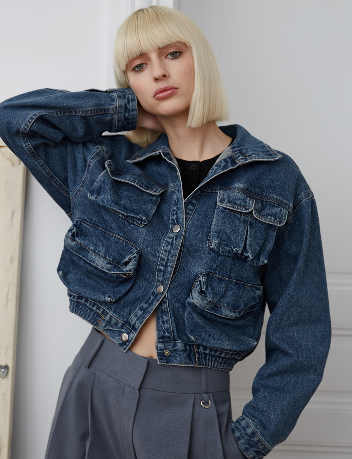 Pixie Market Crop Padded Bolero Denim Jacket-BESTSELLER