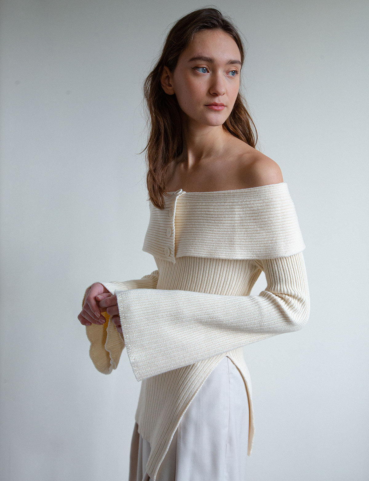 Paula Off-The-Shoulder Button Sweater